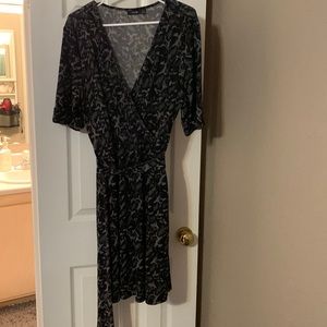 Black and grey leopard print dress with wrap around tie